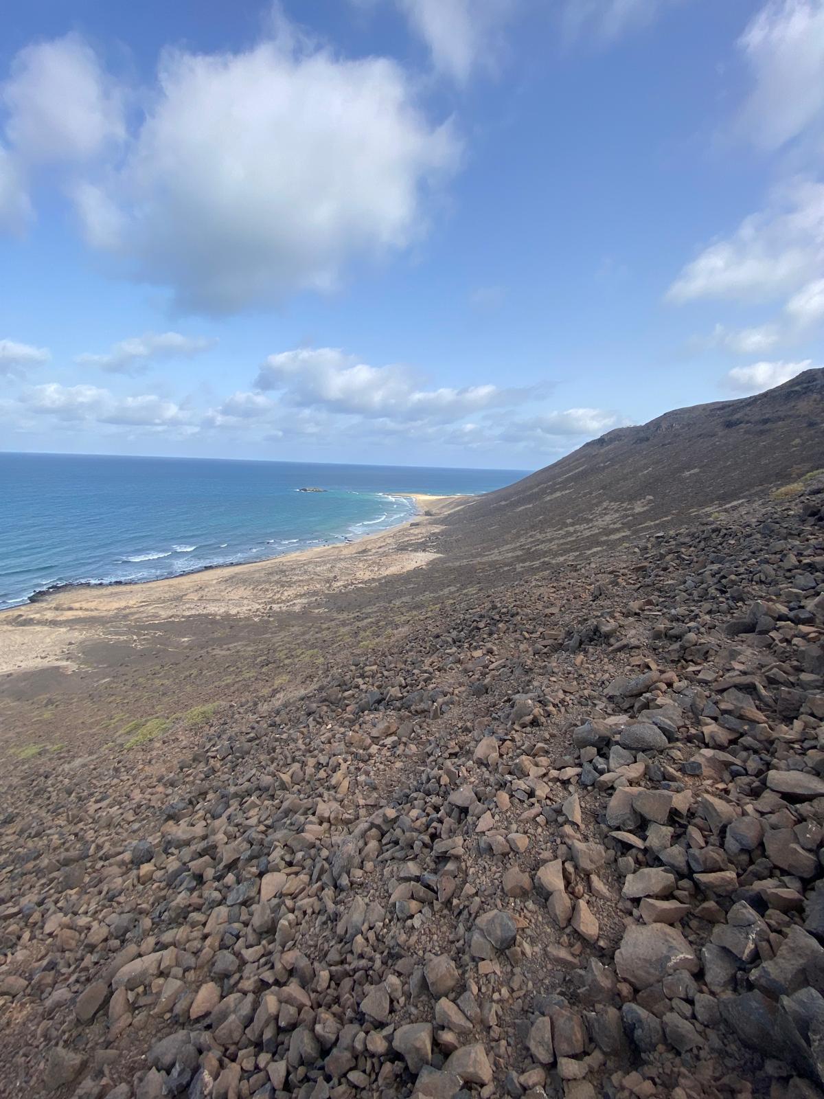 A beautiful secluded beach with black lava stone mountains